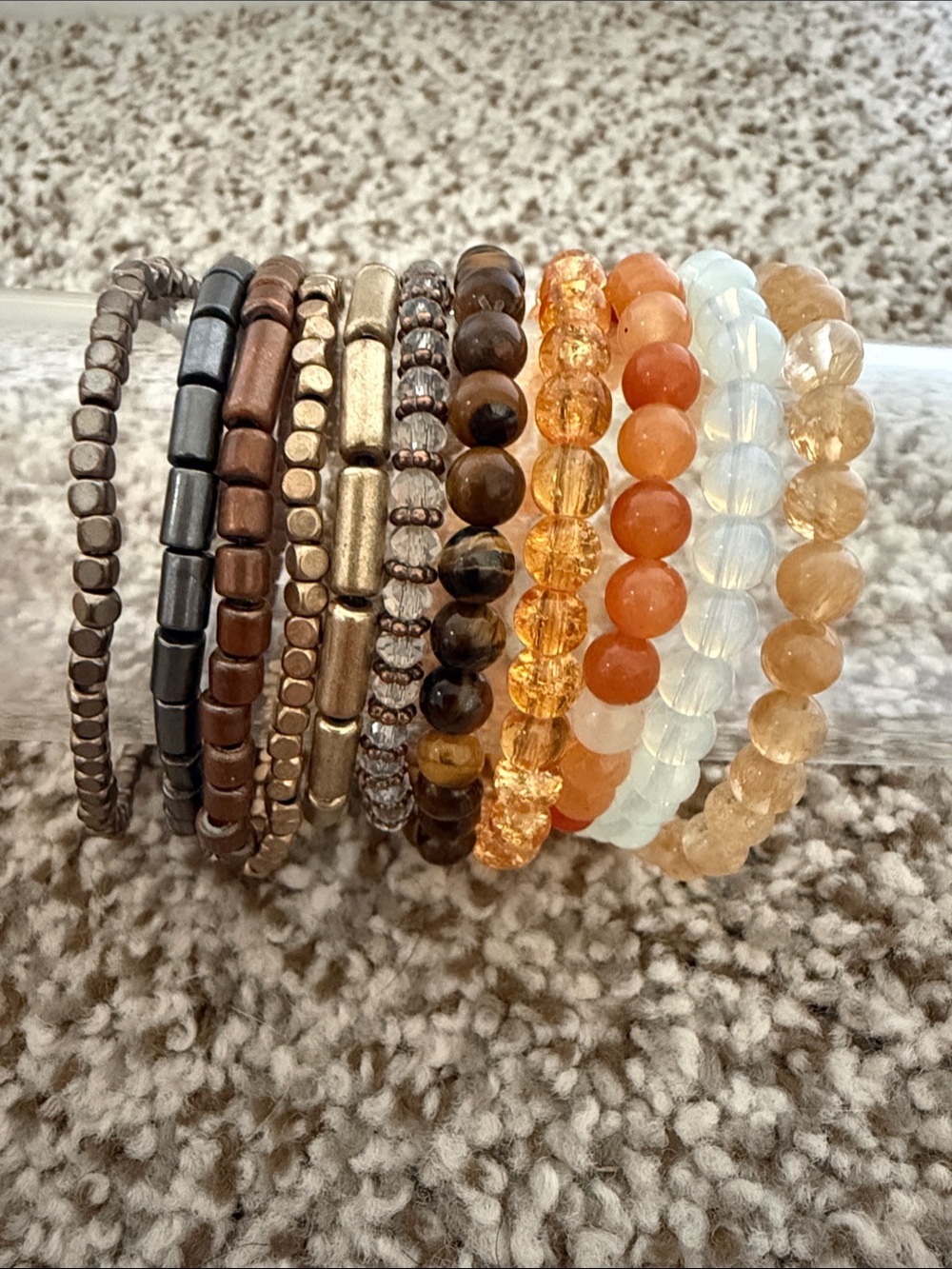 Multi-Stack Beaded Women’s Bracelet Set in Brown tones, Gold, Amber and White